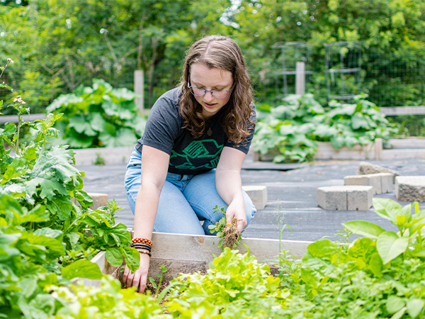 A student wearing garden gloves kneels at the edge of a garden area and works in the soil.